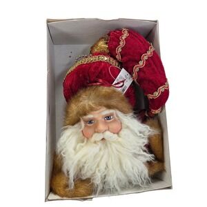 Santa Claus Porcelain Head Christmas Ornament Red Gold Hat Collar Plush Beard Nw